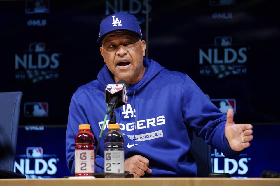 Los Angeles Dodgers manager Dave Roberts speaks during a news conference Monday, Oct. 10, 2022, in Los Angeles for the National League division series against the San Diego Padres. (AP Photo/Mark J. Terrill)