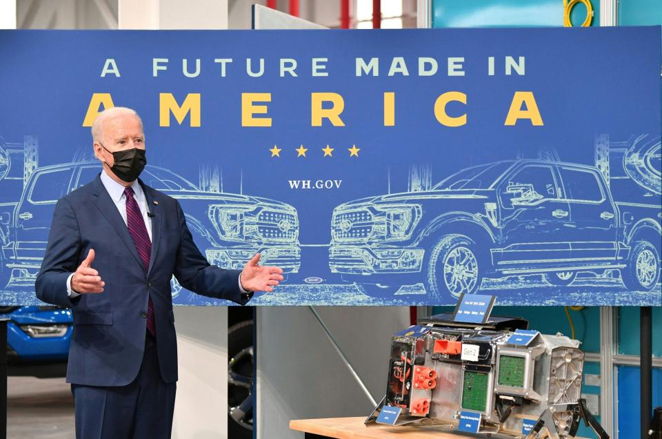 President Joe Biden speaks during a tour of the Ford Rouge Electric Vehicle Center, in Dearborn, Mich., on Tuesday, May 18, 2021. (Nicholas Kamm/AFP/Getty Images/TNS)