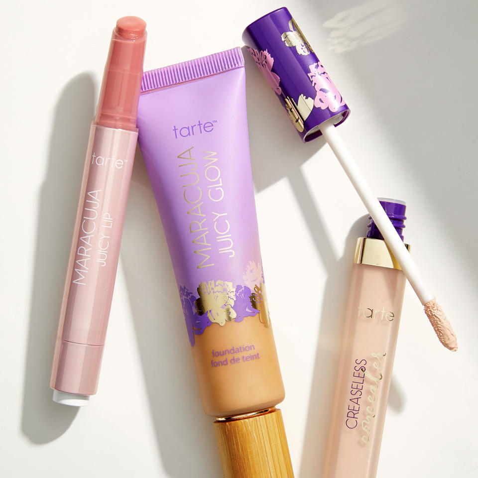 Tarte Maracuja Juicy Foundation, juicy lips and concealer are artfully presented in a groupshot. 