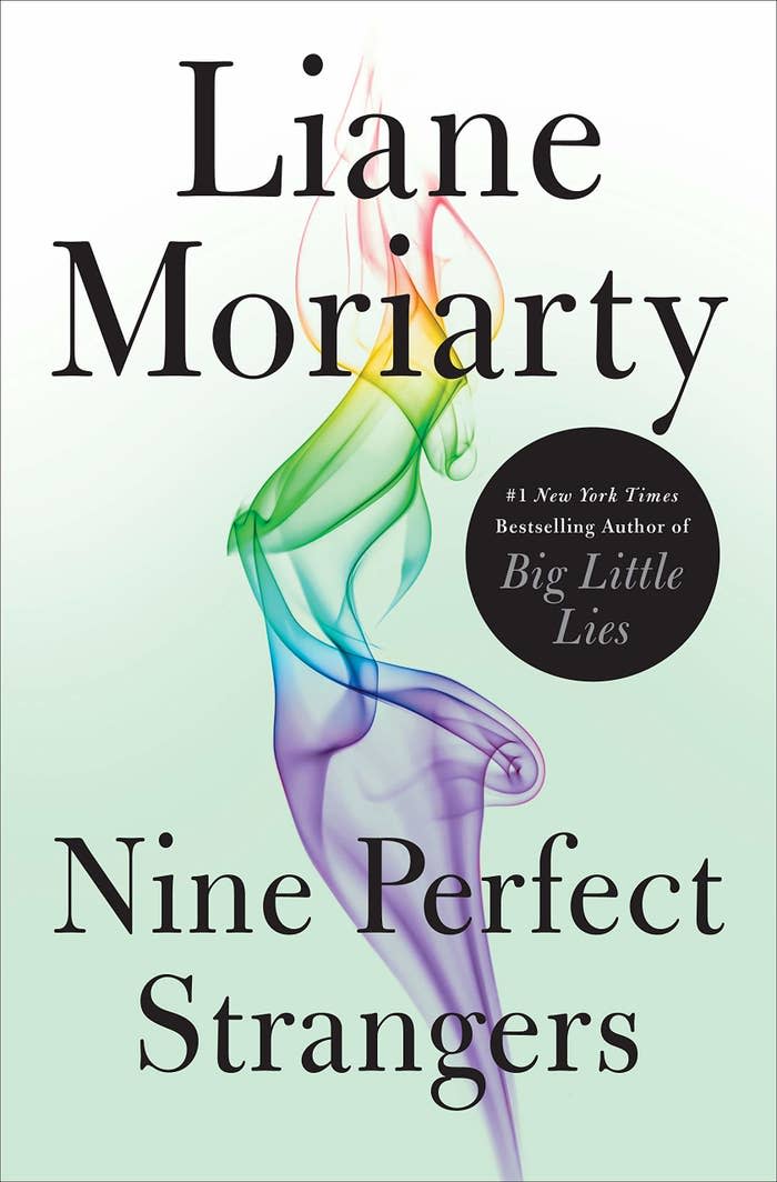 Book cover for Nine Perfect Strangers which featured wisps of multicolored smoke