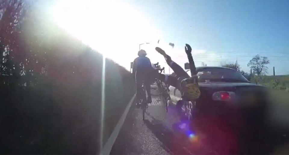 The footage shows clipping the cyclists, catapulting them into the air. Source: Cycliq