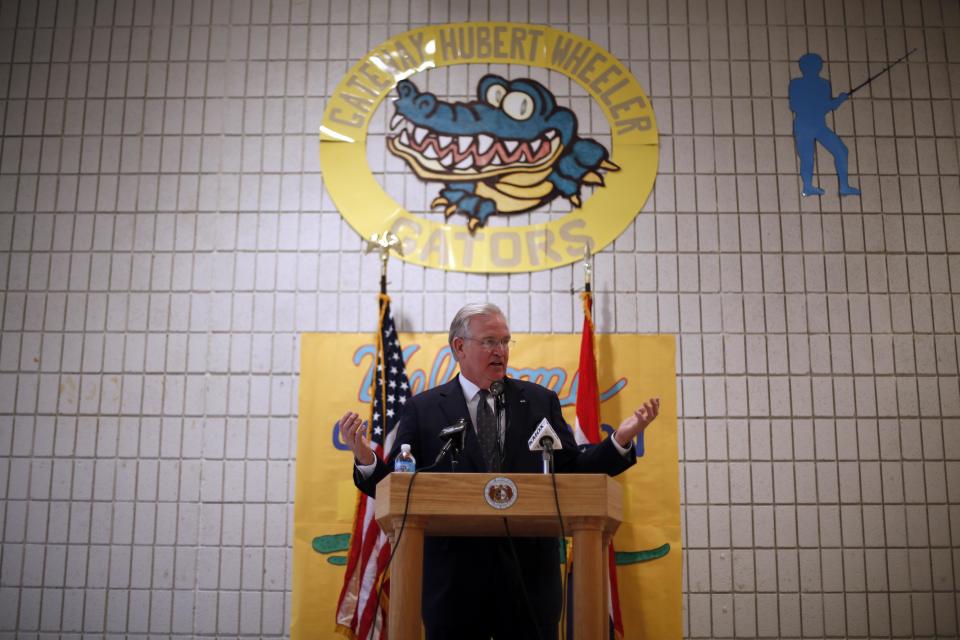 Missouri Democratic Gov. Jay Nixon speaks during an event at Gateway Hubert Wheeler School Thursday, May 1, 2014, in St. Louis. Nixon said during the event he plans to veto legislation that would cut income taxes for more than 2 million Missourians and thousands of business owners, citing concerns about its potential hit on school funding. The Republican-led Legislature has vowed to try to override his veto. (AP Photo/Jeff Roberson)