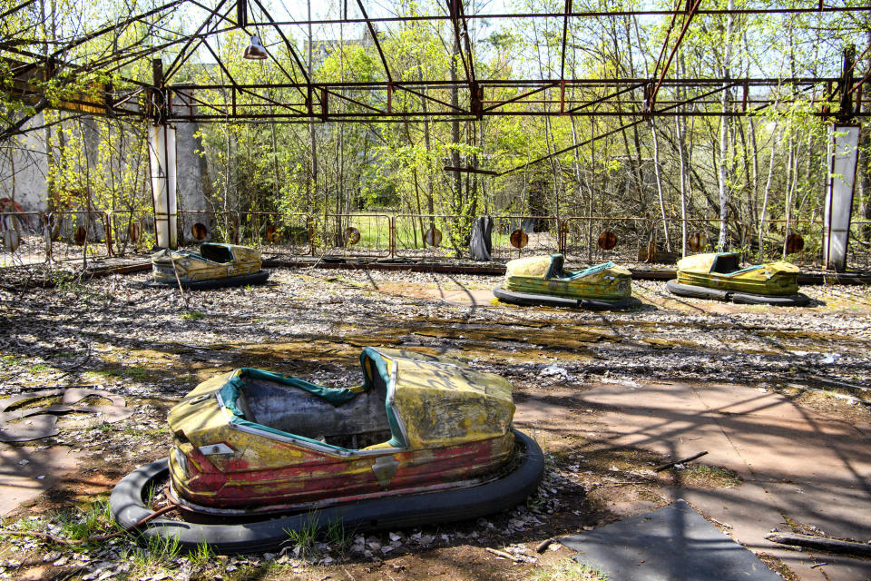 Abandoned amusement park in the city center of Prypiat in Chornobyl exclusion zone. Radioactive zone in Pripyat city - abandoned ghost town. Chernobyl history of catastrophe. April 2019 (Photo by Maxym Marusenko/NurPhoto via Getty Images)