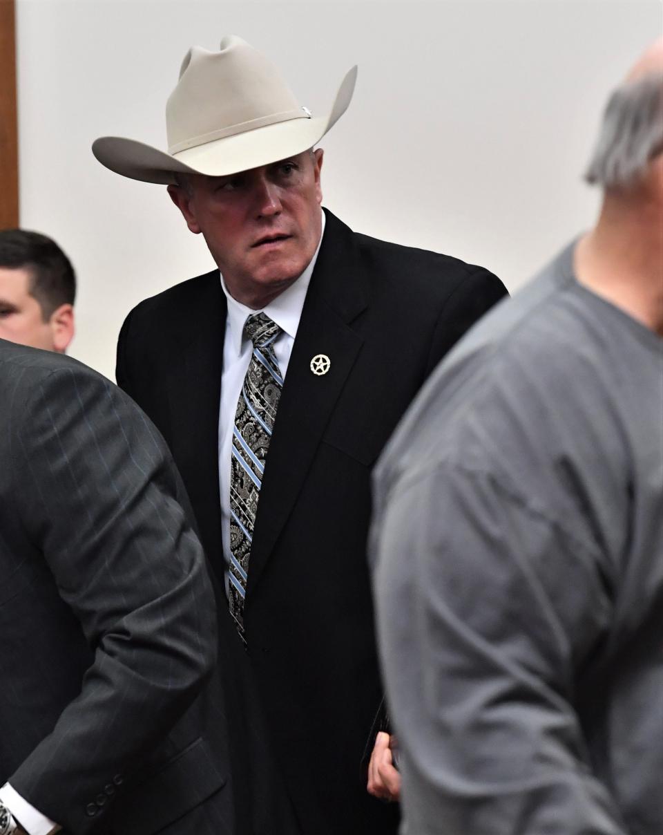 Clay County Sheriff Jeff Lyde exits the courtroom after his suspension hearing is postponed Tuesday, Jan. 17, 2023.