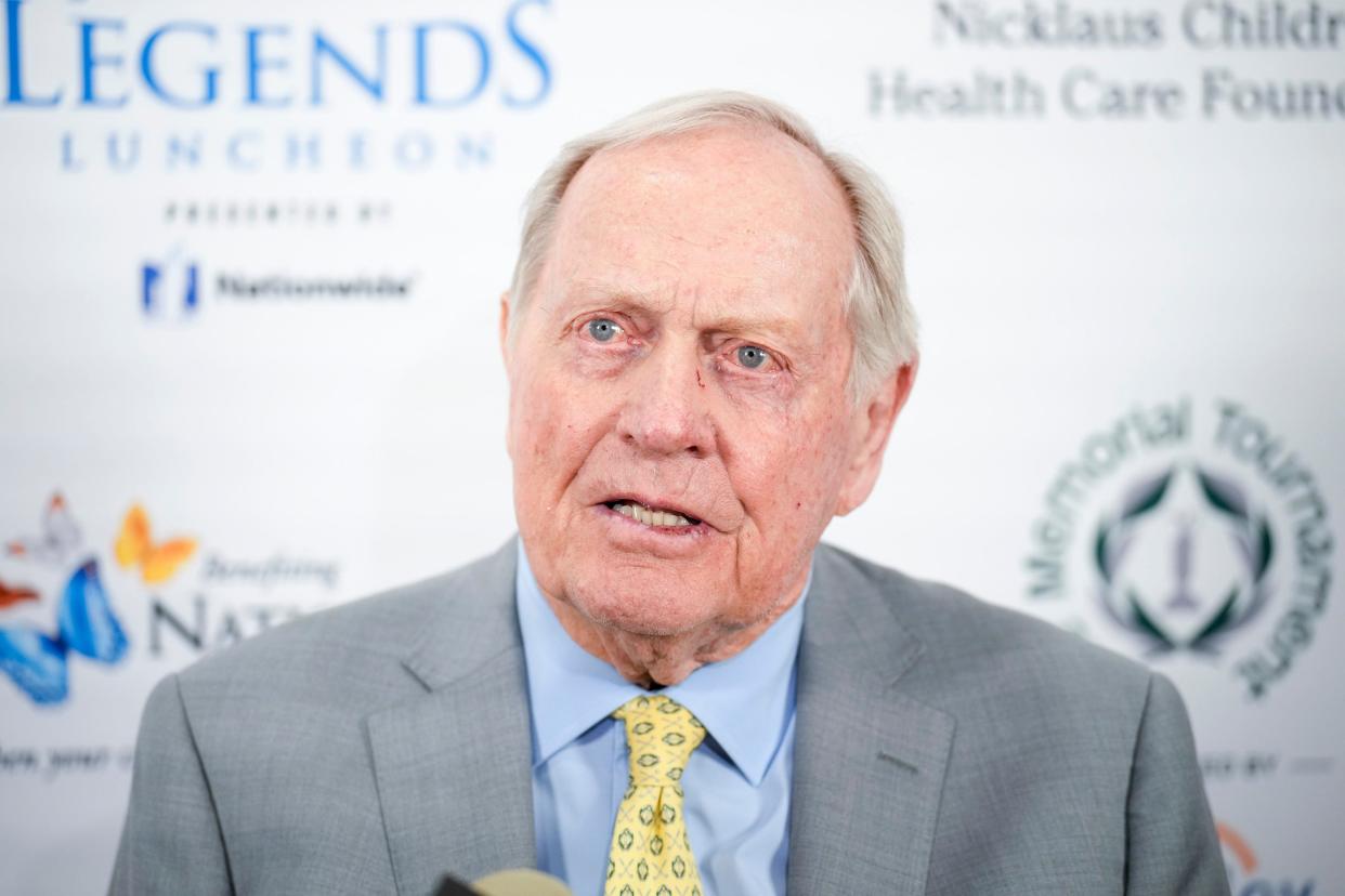 Apr 19, 2023; Columbus, Ohio, United States;  Jack Nicklaus speaks with media at The Ohio State University Ohio Union on Wednesday afternoon. Nicklaus founded and hosts the Memorial Tournament, which annually takes place in Dublin, Ohio. Mandatory Credit: Joseph Scheller-The Columbus Dispatch