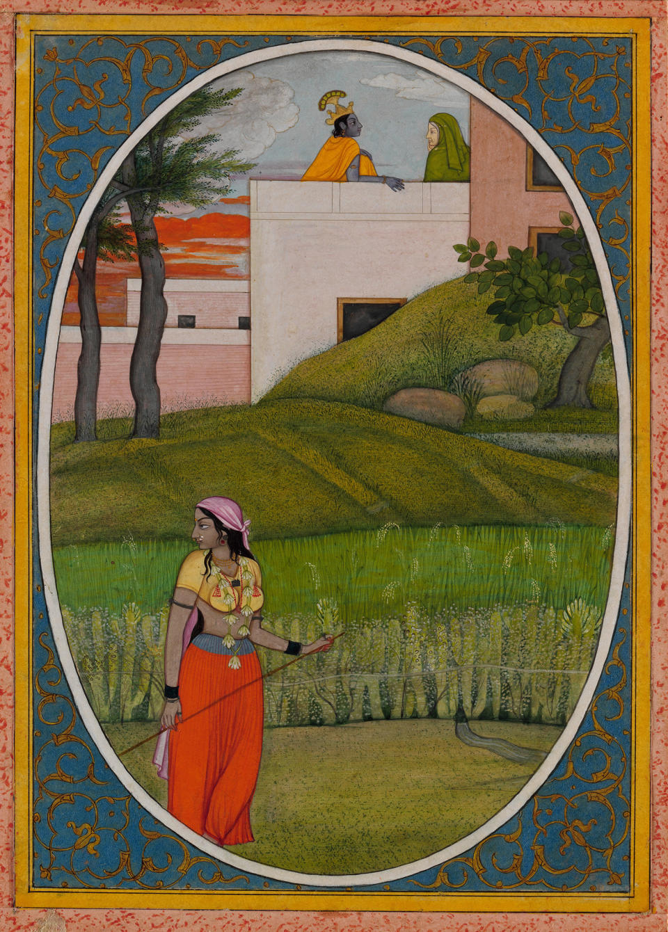 "The Village Beauty."&nbsp;Probably painted by the artist Fattu (active ca. 1770&ndash;1820)&nbsp;Illustrated folio from the dispersed "Kangra Bihari" Sat&nbsp;Sai (Seven Hundred Verses)&nbsp;Punjab Hills, kingdom of Kangra, ca. 1785.&nbsp;Opaque watercolor, ink, and gold on paper; narrow&nbsp;yellow and white borders with black inner rules; dark&nbsp;blue spandrels decorated with gold arabesque;&nbsp;painting 7 3/8 x 5 3/16 in.&nbsp;Promised Gift of the Kronos Collections, 2015.