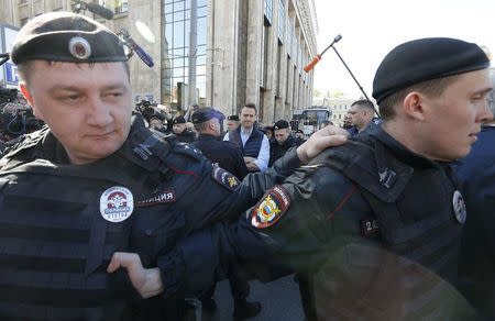 Russian opposition leader Alexei Navalny attends a protests against decision by authorities to demolish soviet five-storey houses in Moscow, Russia, May 14, 2017. REUTERS/Sergei Karpukhin