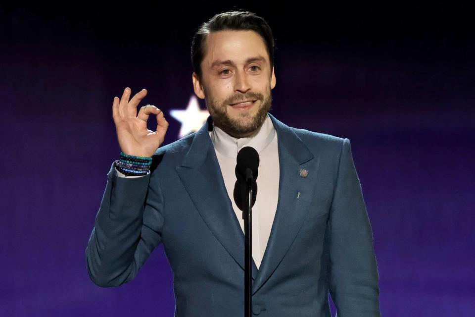 <p>Kevin Winter/Getty</p> Kieran Culkin demonstrated the ear hair pluck while on stage at the 29th Annual Critics Choice Awards.