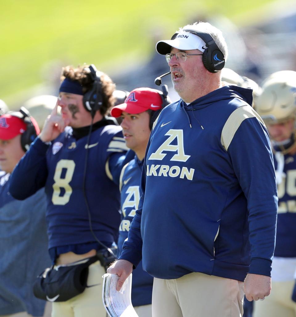 Akron Zips head coach Joe Moorhead watches the action during last Saturday's game against Central Michigan in Akron.