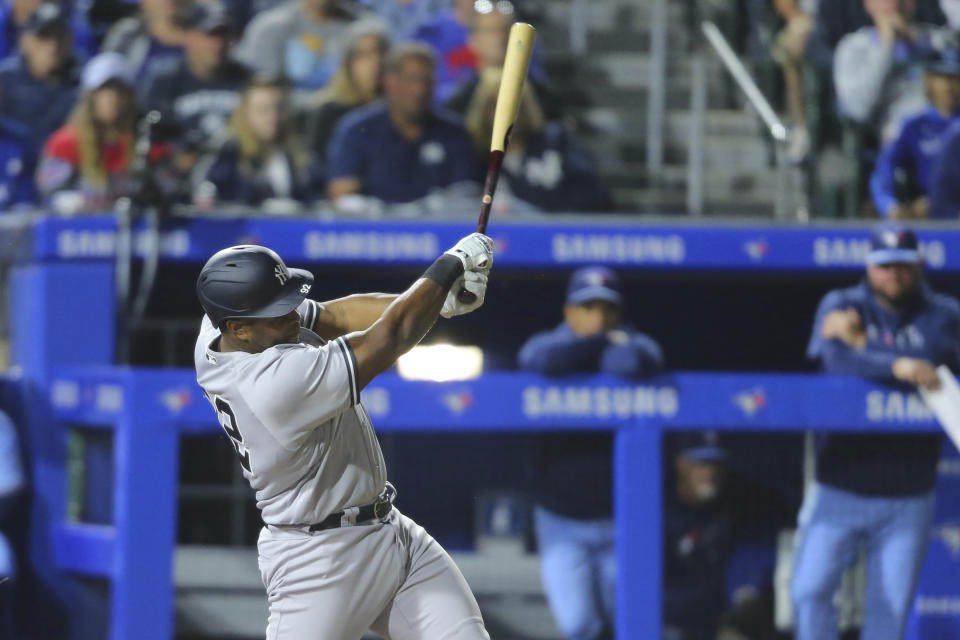 New York Yankees' Chris Gittens brings in two runs on a single during the seventh inning of a baseball game against the Toronto Blue Jays, Thursday, June 17, 2021, in Buffalo, N.Y. (AP Photo/Jeffrey T. Barnes)