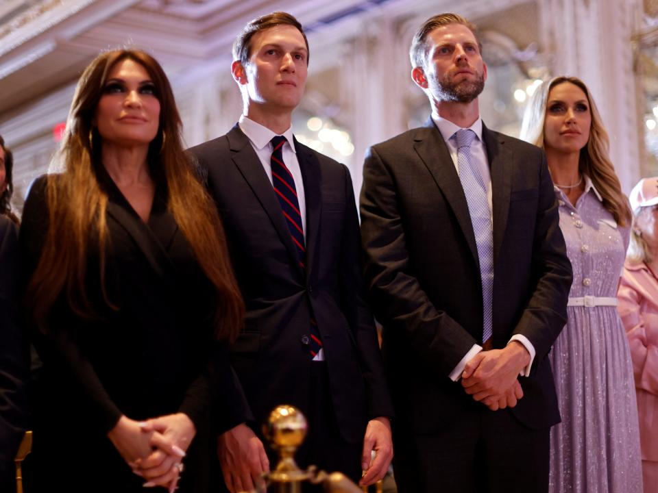 Kimberly Guilfoyle, Jared Kushner, Eric Trump, and Lara Trump at Donald Trump's 2024 campaign announcement