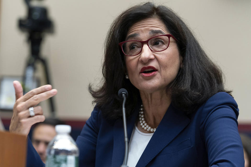 President of Columbia University Nemat Shafik testifies before the House Committee on Education and the Workforce hearing on "Columbia in Crisis: Columbia University's Response to Antisemitism" on Capitol Hill in Washington, Wednesday, April 17, 2024. (AP Photo/Jose Luis Magana)