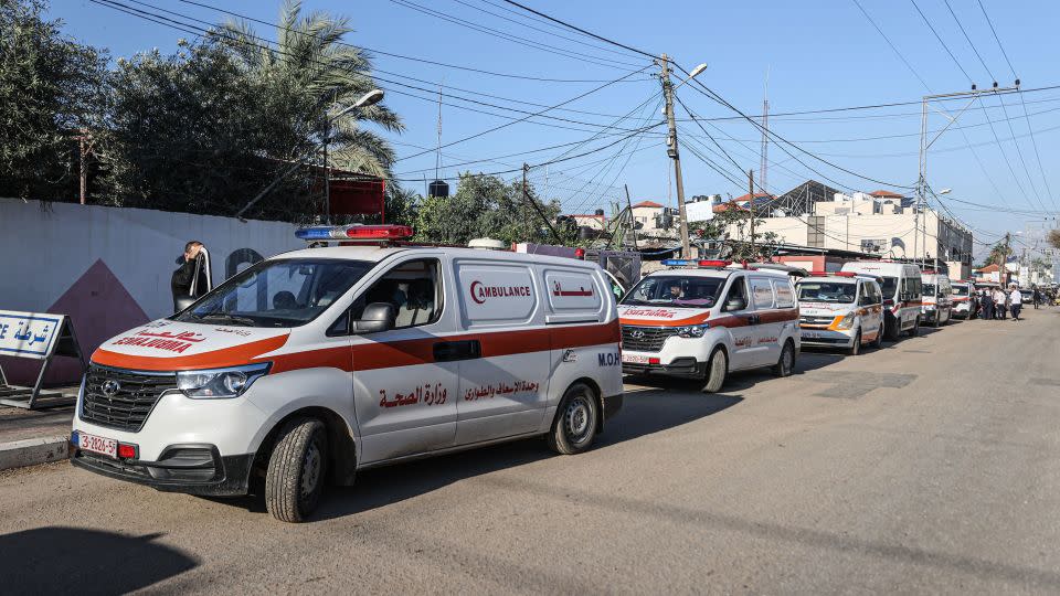 Injured children board an ambulance to be transferred from Al-Aqsa Hospital to Egypt for medical treatment through Rafah on November 17, 2023. - Mustafa Hassona/Anadolu/Getty Images