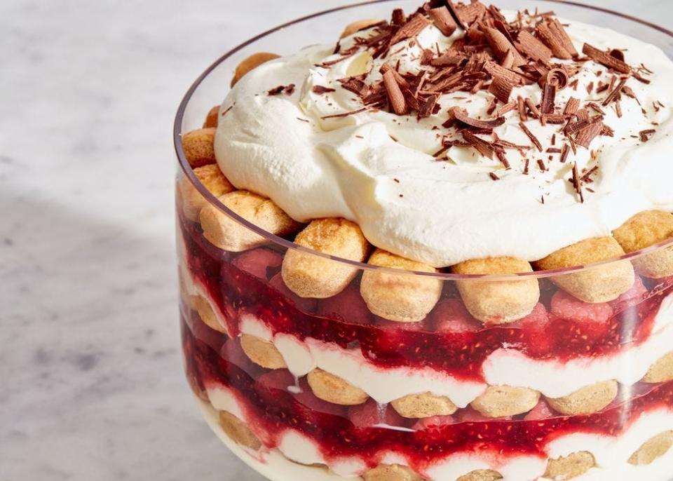 <p>We love a <a href="https://www.delish.com/cooking/recipe-ideas/recipes/a58091/easy-tiramisu-recipe/" rel="nofollow noopener" target="_blank" data-ylk="slk:classic tiramisu;elm:context_link;itc:0;sec:content-canvas" class="link ">classic tiramisu </a>and couldn’t imagine it getting much better—until raspberries entered the picture. We use a little orange liqueur instead of rum to amplify the bright flavors. Pro tip: The ladyfingers soak up the coffee mixture quickly, so just do a quick dunk or they’ll start to fall apart on you. <br><br>Get the <strong><a href="https://www.delish.com/cooking/recipe-ideas/a39578398/raspberry-tiramisu-recipe/" rel="nofollow noopener" target="_blank" data-ylk="slk:Raspberry Tiramisu recipe;elm:context_link;itc:0;sec:content-canvas" class="link ">Raspberry Tiramisu recipe</a></strong>.</p>