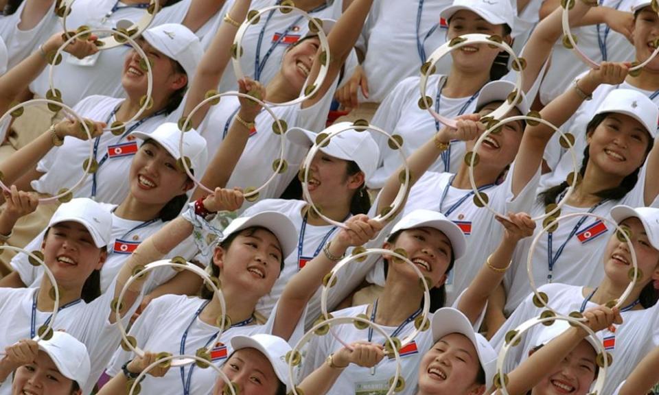 North Korean cheerleaders at a women’s football match against Germany in 2003 in Gimcheon Stadium