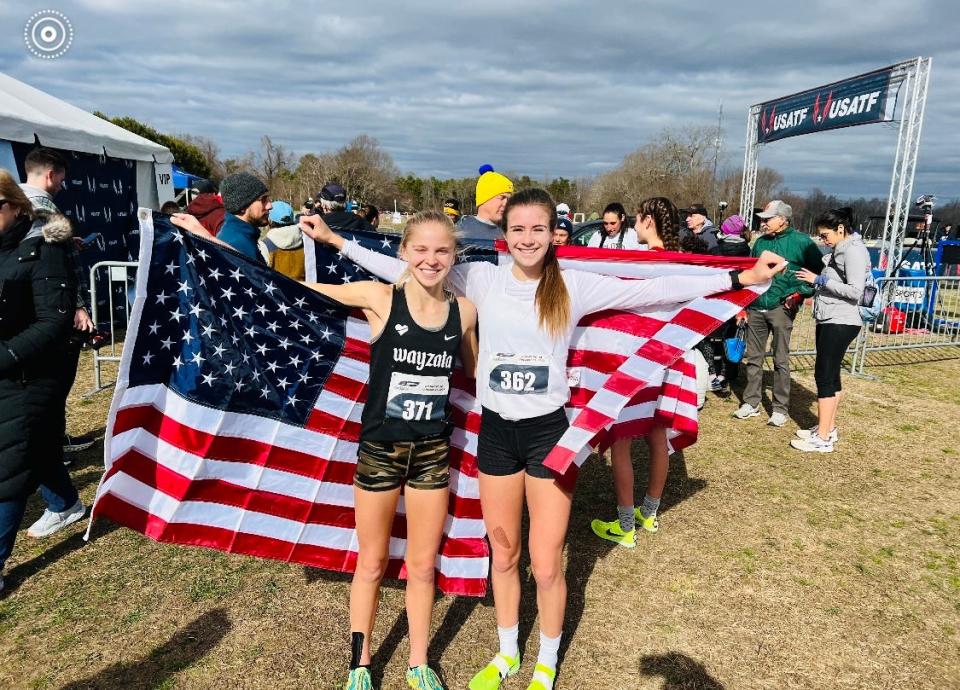 Karrie Baloga (r) with USA U20 worlds cross-country team and future University of Colorado teammate Abbey Nechanicky after the two qualified for the U.S. team Jan. 21, 2023 at the USATF U20 National Cross-Country Championships with top-six finishes.