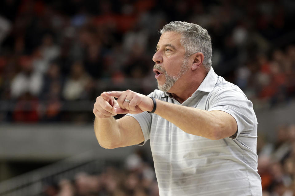 Auburn head coach Bruce Pearl reacts to a call during the first half of an NCAA college basketball game against Oklahoma Saturday, Jan. 29, 2022, in Auburn, Ala. (AP Photo/Butch Dill)
