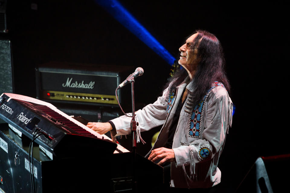 Ken Hensley and Live Fire perform on stage during live concert in Izvestia Hall on April 12, 2018 in Moscow, Russia. (Photo by Vladimir Artev/Epsilon/Getty Images)