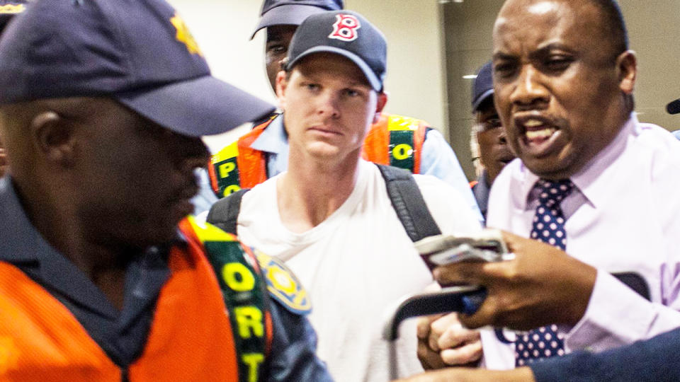Steve Smith, pictured here being mobbed when he arrived in Johannesburg in 2018.