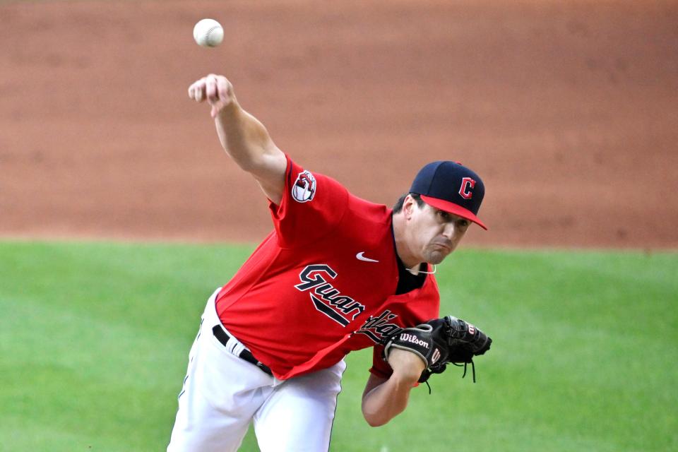 Guardians starting pitcher Cal Quantrill delivers a pitch in the third inning against the Minnesota Twins, Wednesday, June 29, 2022, in Cleveland.