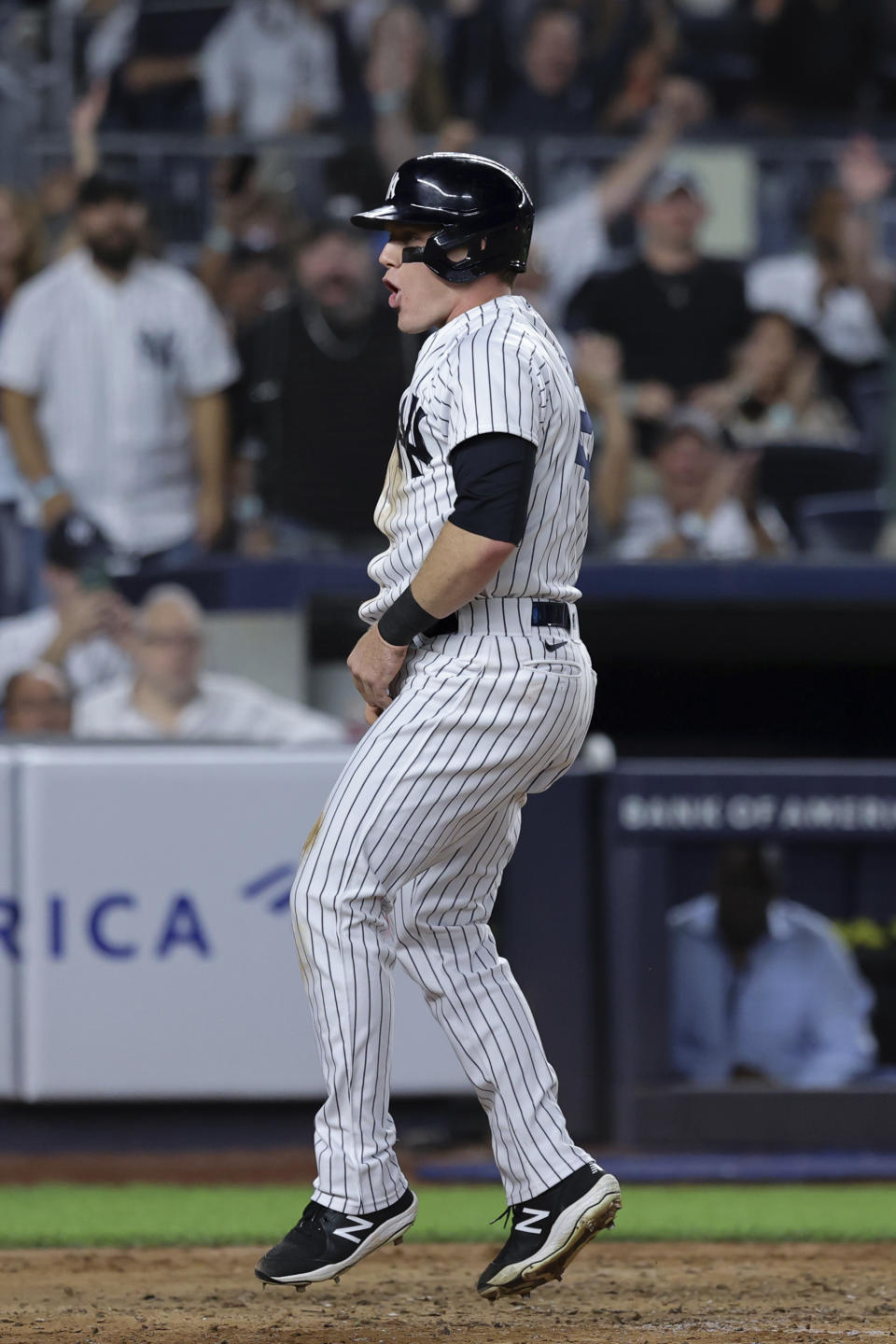 New York Yankees' Harrison Bader reacts after scoring against the Pittsburgh Pirates during the fifth inning of a baseball game Tuesday, Sept. 20, 2022, in New York. (AP Photo/Jessie Alcheh)