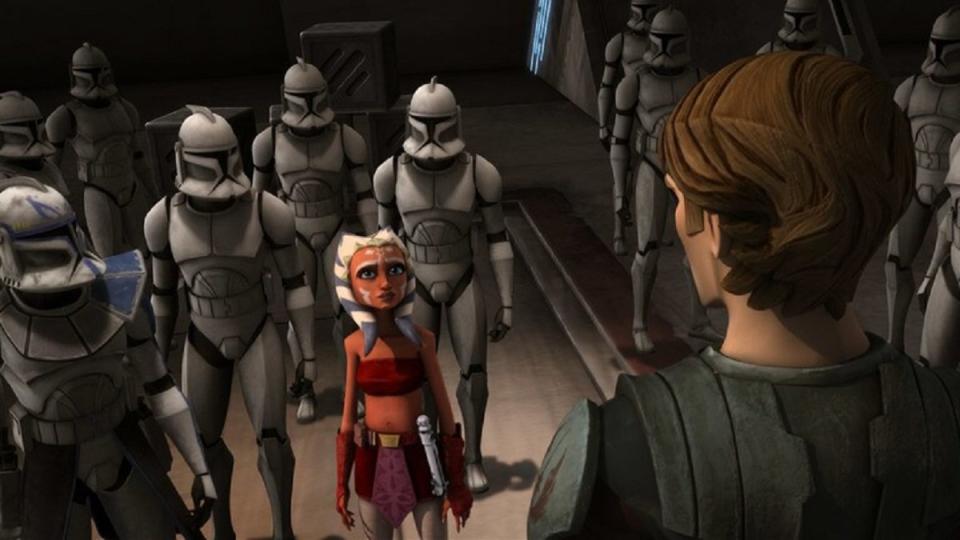 Ahsoka consults with Anakin Skywalker in the Battle of Ryloth on the Clone Wars animated series.