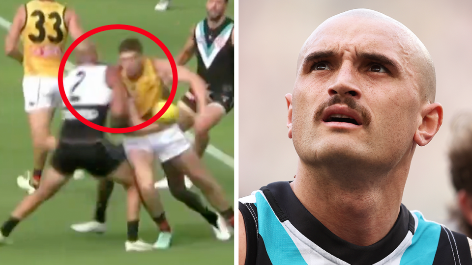 Port Adelaide ace Sam Powell-Pepper has been hit with a four-game suspension for rough conduct on Mark Keane. (Images: Channel7/Getty Images)