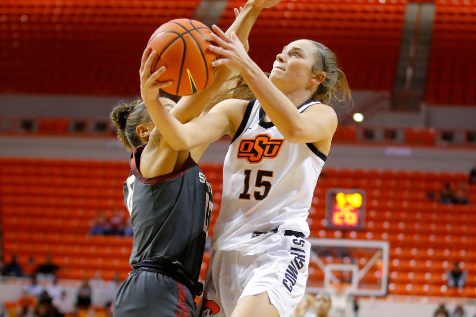 Oklahoma State sophomore guard Lexy Keys (15) has scored at least 13 points in four of the last five games, including a team-best 20 against OU on Wednesday.