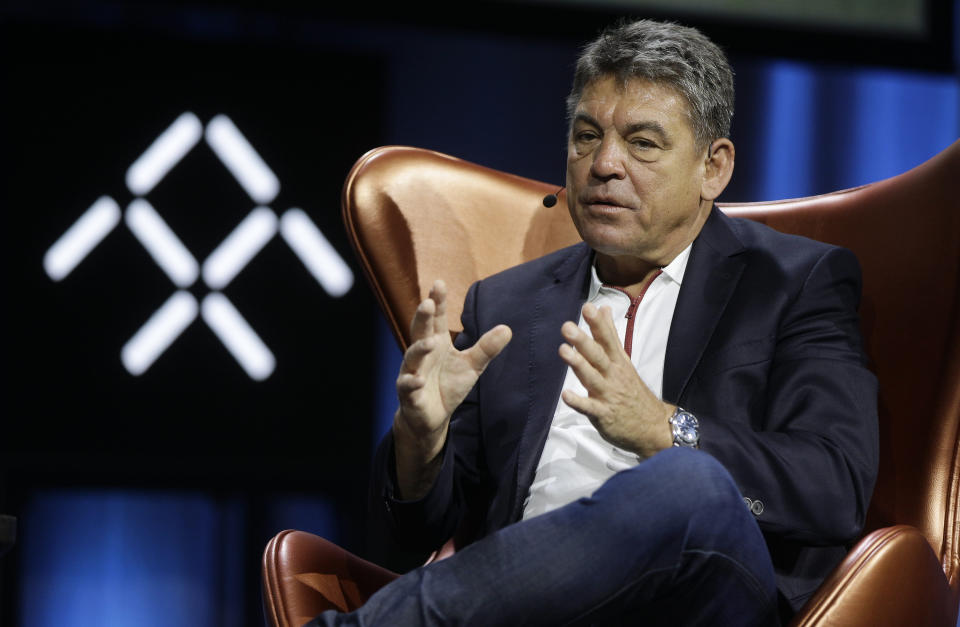 Dr. Carsten Breitfeld, Global CEO of Faraday Future, talks during the technology panel "Faraday's Future: Transforming The Road of Future Mobility," at the AutoMobility LA auto show at the Los Angeles Convention Center in Los Angeles Tuesday, Nov. 19, 2019. (AP Photo/Damian Dovarganes)