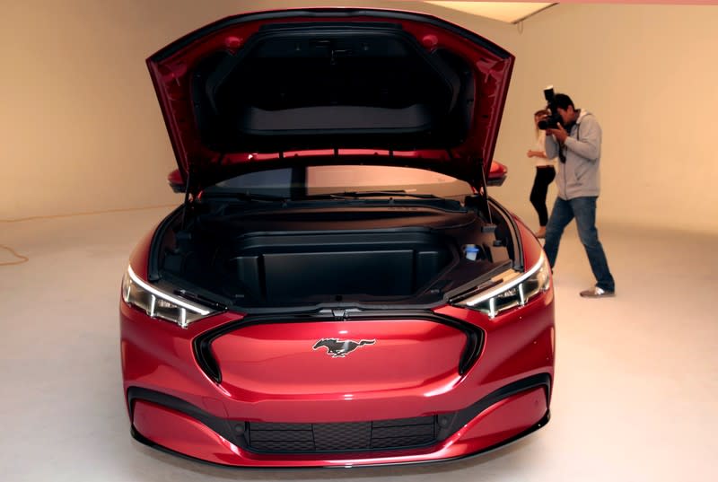 The front trunk of Ford Motor Co's all-new electric Mustang Mach-E vehicle is seen during a photo shoot at a studio in Warren, Michigan