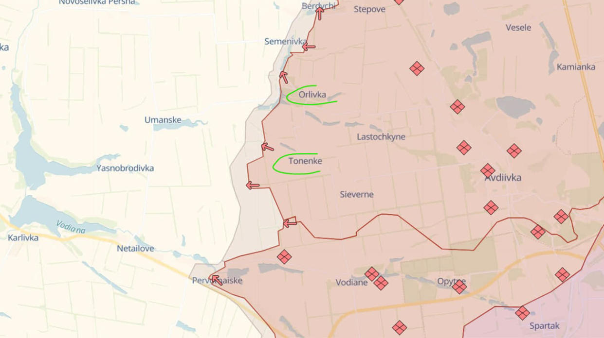 Tonenke and Orlivka marked in green. Screenshot: DeepState Map as of 30 March