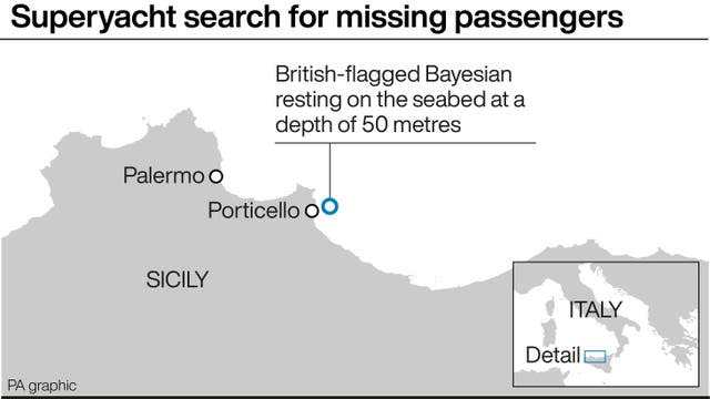 A map showing the area of Sicily where the superyacht search is taking place