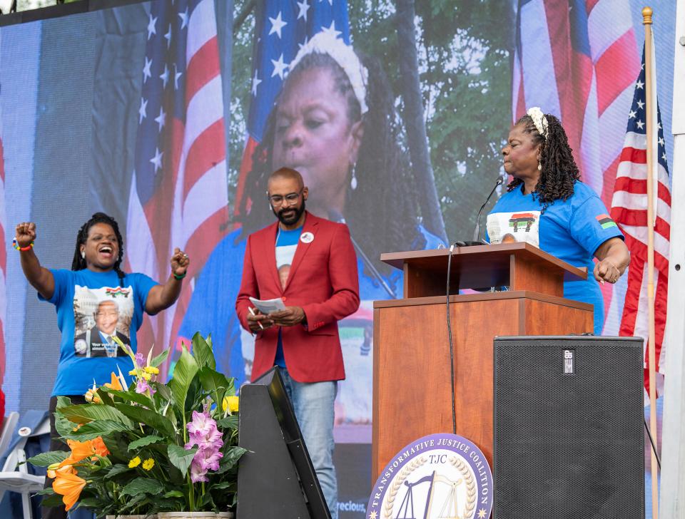 Congresswoman Gwen Moore makes remarks at an event hosted by Transformative Justice Coalition in Sherman Park to celebrate the 58th anniversary of the Voting Rights Act on Saturday in Milwaukee.