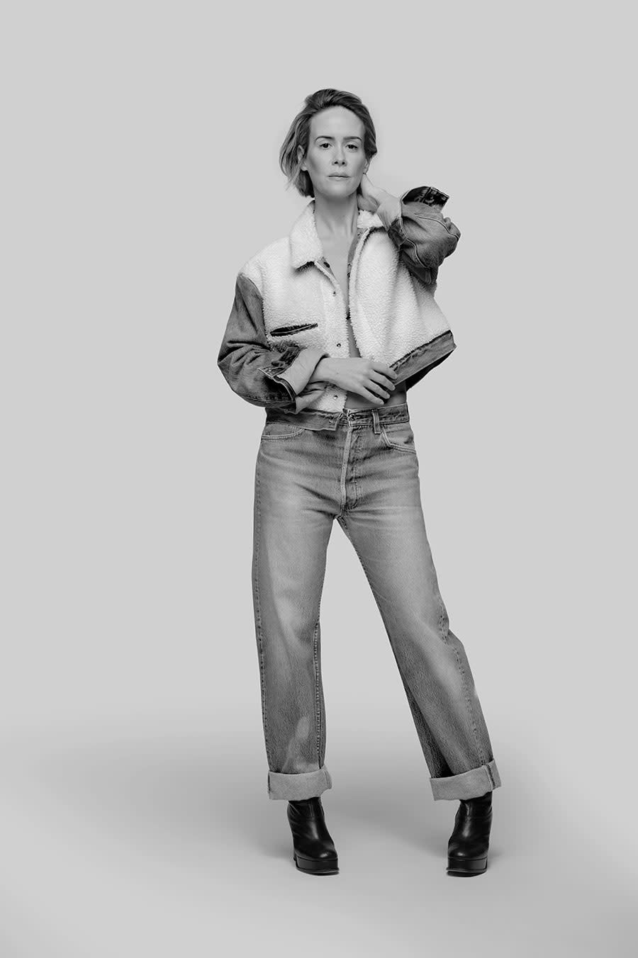 <p>Sarah Paulson wears the Levi’s x karla Inside-Out Sherpa. (Photo: Courtesy of Levi’s) </p>