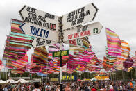 <p>A sign post at the Glastonbury music festival at Worthy Farm, in Somerset, England, Thursday, June 22, 2017. (Photo: Grant Pollard/Invision/AP) </p>