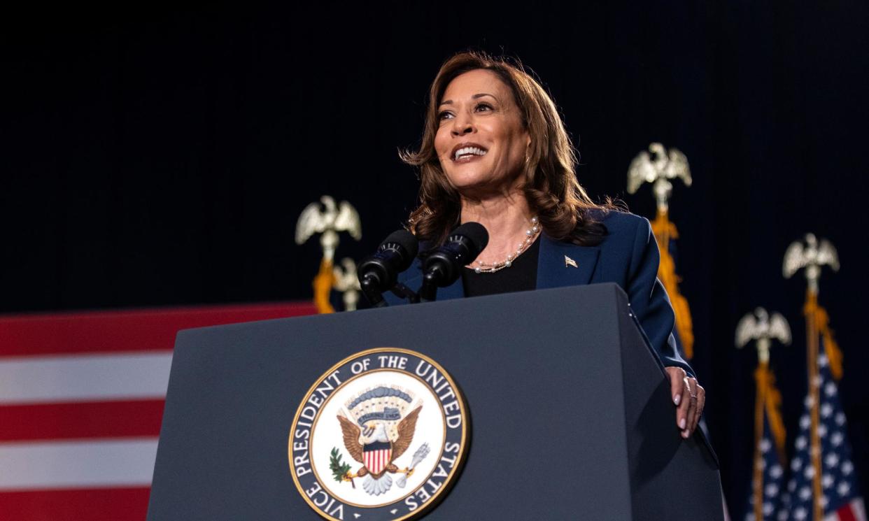 <span>Vice-President Kamala Harris speaks to supporters during a campaign rally in West Allis, Wisconsin, on 23 July.</span><span>Photograph: Jim Vondruska/Getty Images</span>