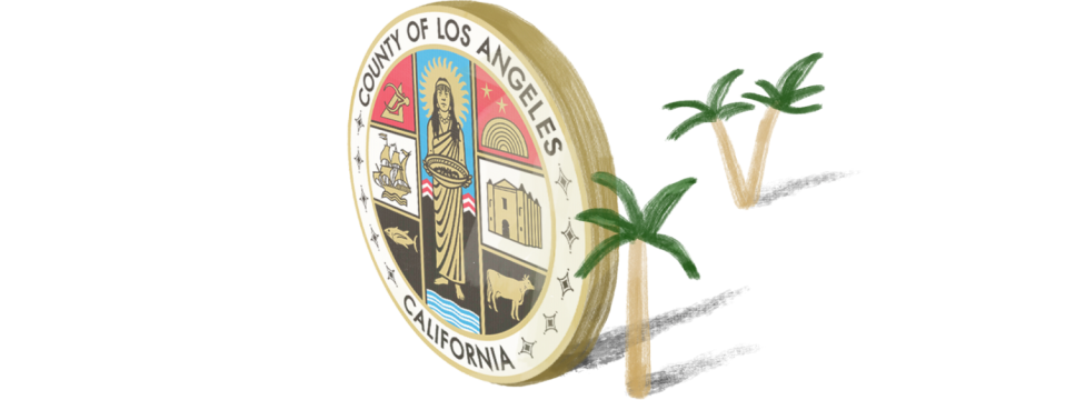 Illustration of the Los Angeles County seal with some palm trees around it