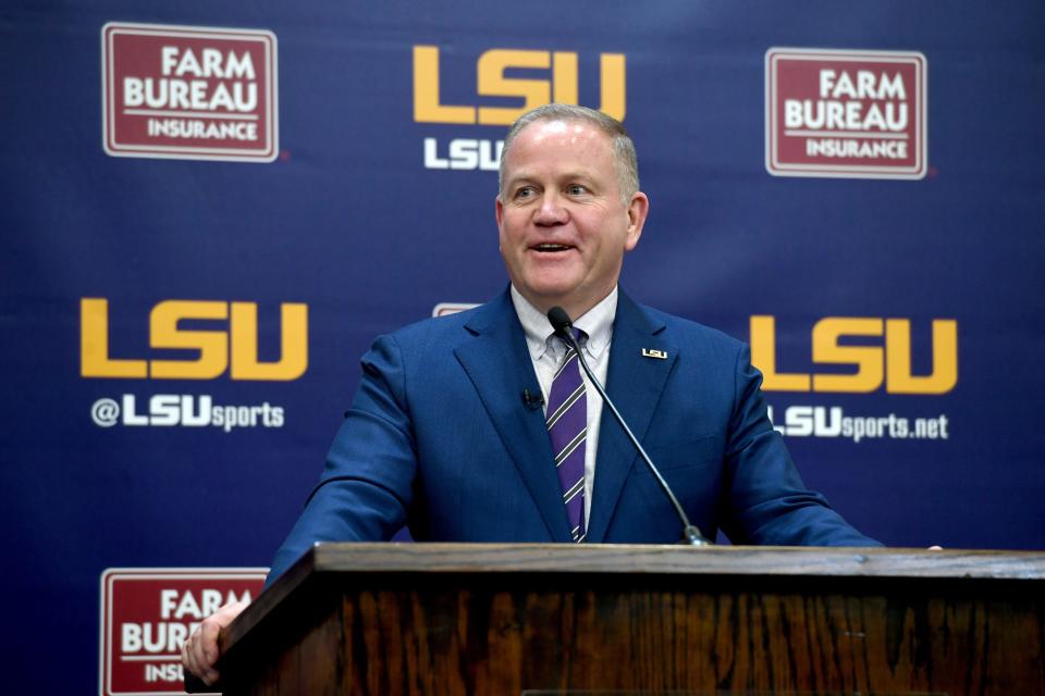 Brian Kelly is introduced as LSU's new football coach at a press conference on Dec. 1.