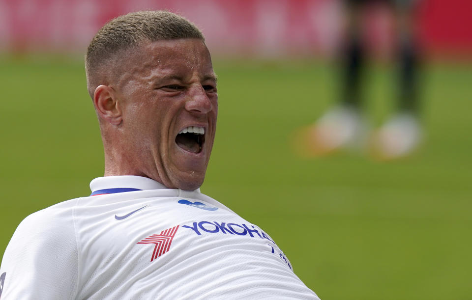 Chelsea's Ross Barkley celebrates after scoring his side's opening goal during the FA Cup sixth round soccer match between Leicester City and Chelsea at the King Power Stadium in Leicester, England, Sunday, June 28, 2020. (Tim Keeton/Pool via AP)