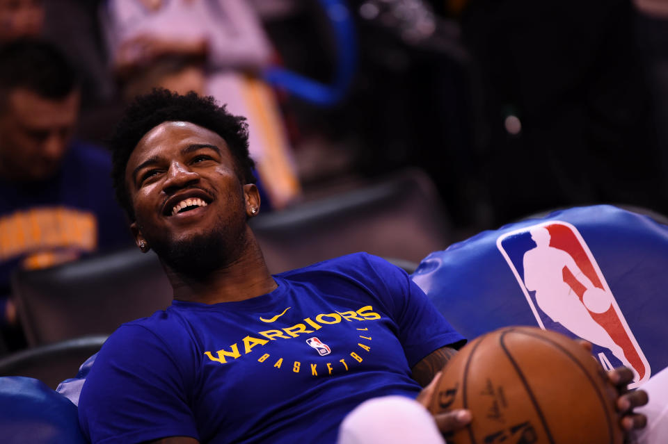 OKLAHOMA CITY, OK - MARCH 16: Jordan Bell #2 of the Golden State Warriors smiles before the game against the Oklahoma City Thunder on March 16, 2019 at Chesapeake Energy Arena in Oklahoma City, Oklahoma. NOTE TO USER: User expressly acknowledges and agrees that, by downloading and or using this photograph, User is consenting to the terms and conditions of the Getty Images License Agreement. Mandatory Copyright Notice: Copyright 2019 NBAE (Photo by Noah Graham/NBAE via Getty Images)