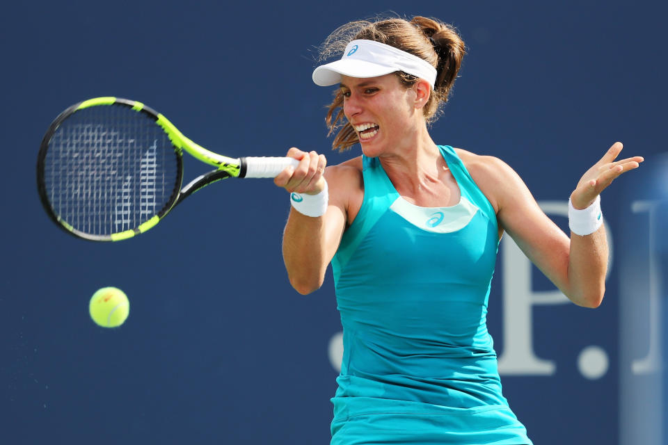 <p>Johanna Konta of Great Britain returns a shot during her first round Women’s Singles match against Aleksandra Krunic of Serbia & Montenegro on Day One of the 2017 US Open at the USTA Billie Jean King National Tennis Center on August 28, 2017 in the Flushing neighborhood of the Queens borough of New York City. (Photo by Elsa/Getty Images) </p>