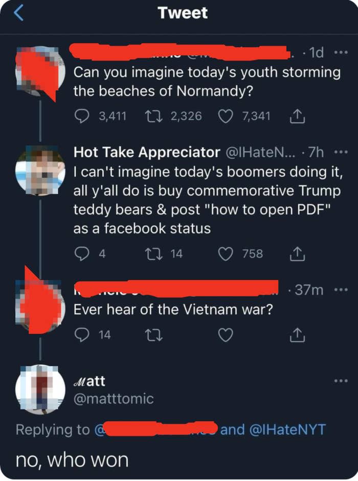 Twitter conversation between Michele Jeanne, Hot Take Appreciator, and Matt about generational differences and the Vietnam War. Matt asks "no, who won."