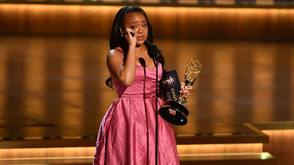 Quinta Brunson accepting the award for lead actress in a comedy at Monday's Emmy Awards. - Valerie Macon/AFP/Getty Images
