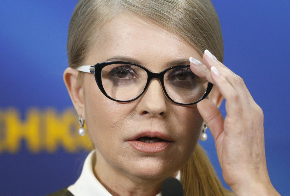 Former Ukrainian Prime Minister Yulia Tymoshenko speaks during her press conference in Kiev, Ukraine, Thursday, March. 7, 2019. Tymoshenko is running in the president election scheduled for March 31. (AP Photo/Efrem Lukatsky)