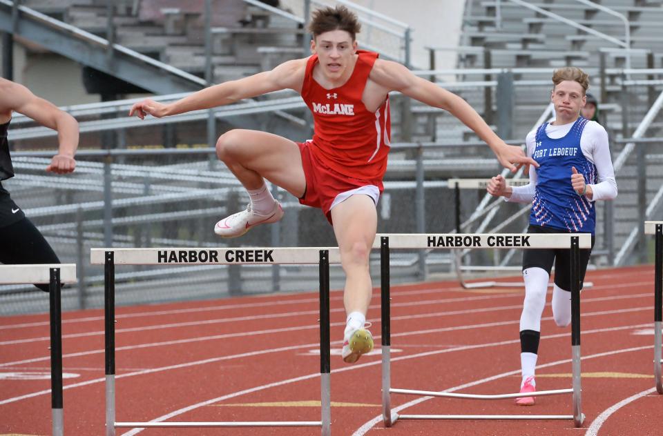 General McLane's Logan Anderson swept first place in the boys hurdles events during Thursday's Erie County Classic at Harbor Creek's Paul J. Weitz Stadium. The Slippery Rock University recruit also set meet records with times of 14.98 seconds in the 110 hurdles and 38.69 in the 300 hurdles.