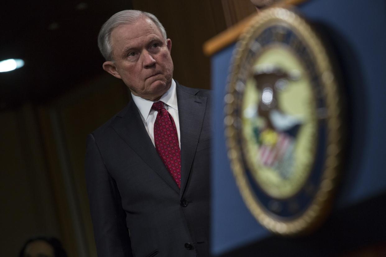 Attorney General Jeff Sessions listens during a press conference at the Department of Justice in Washington, DC: Toya Sarno Jordan/Getty Images