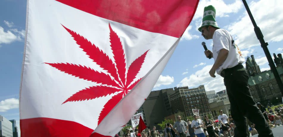 Marijuana activist Chris Lawson makes a speech on stage during a rally in support of legalizing marijuana on June 5, 2004 on Parliament Hill in Ottawa, Canada.