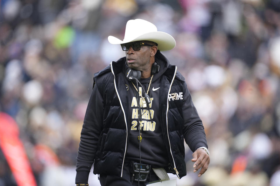 Colorado head coach Deion Sanders looks on in the first half of the team's spring practice NCAA college football game Saturday, April 22, 2023, in Boulder, Colo. (AP Photo/David Zalubowski)