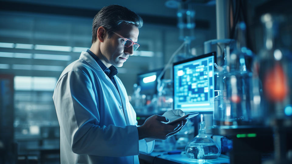 A technician working on a handset in a laboratory setting, highlighting the top-level technology used by the telecommunications company.