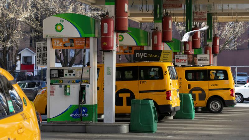 Taxis are seen at a gas station while gasoline price has been declined due to coronavirus disease (COVID-19) in New York